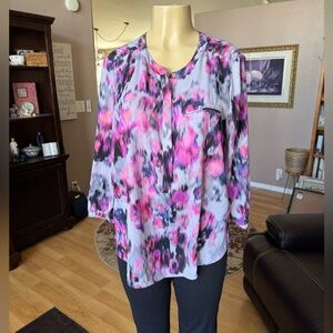 NYDJ shades of purple, black & pink 3/4 sleeves Vneck blouse-size M
